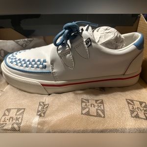 TUK Shoes - White TUKskin™ Red & Blue Trim Interlace Sneaker M5,W7